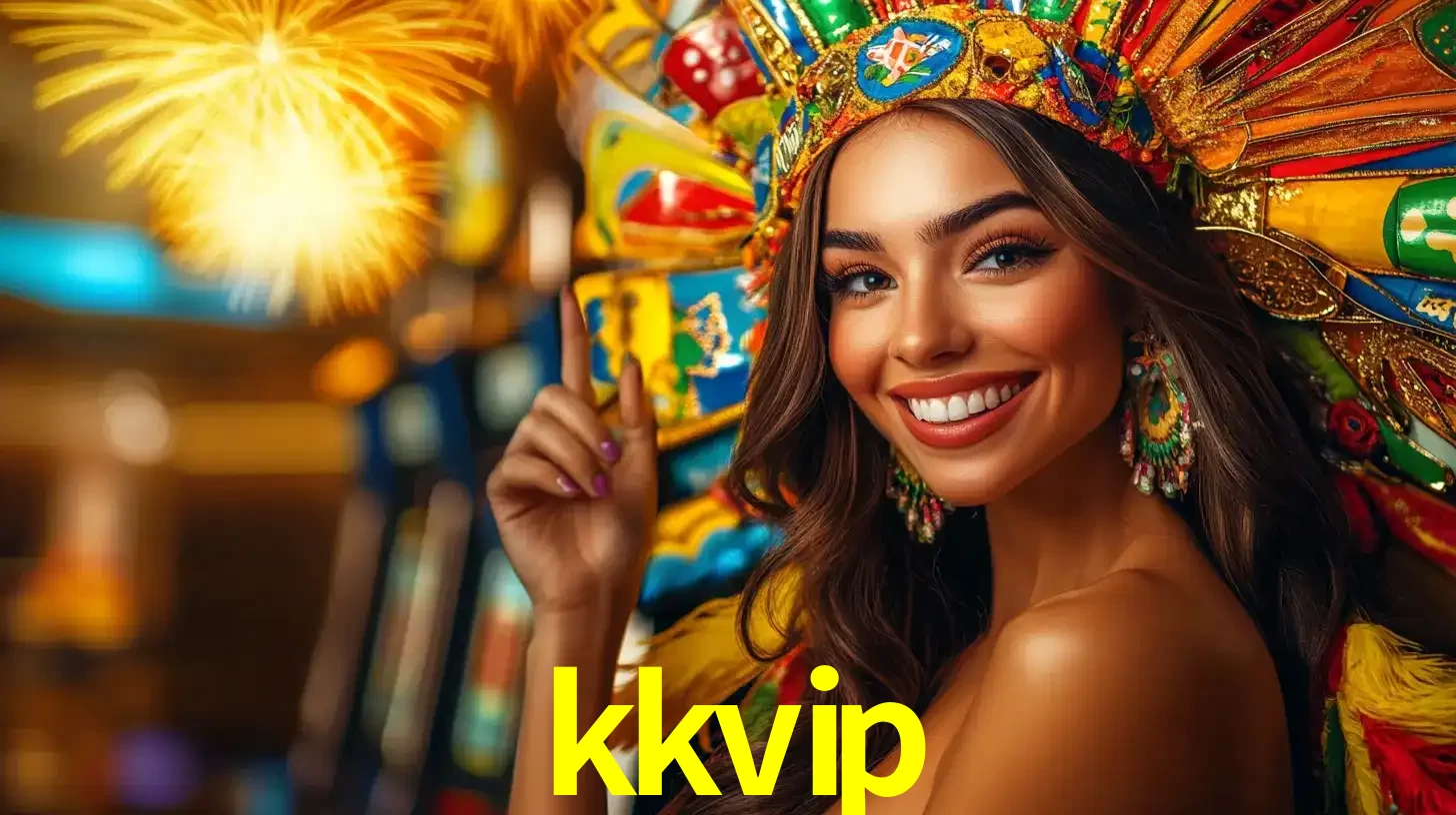 Mulher sorridente com um cocar de carnaval vibrante e colorido, celebrando uma grande vitória nos jogos do cassino kkvip com fogos de artifício ao fundo.