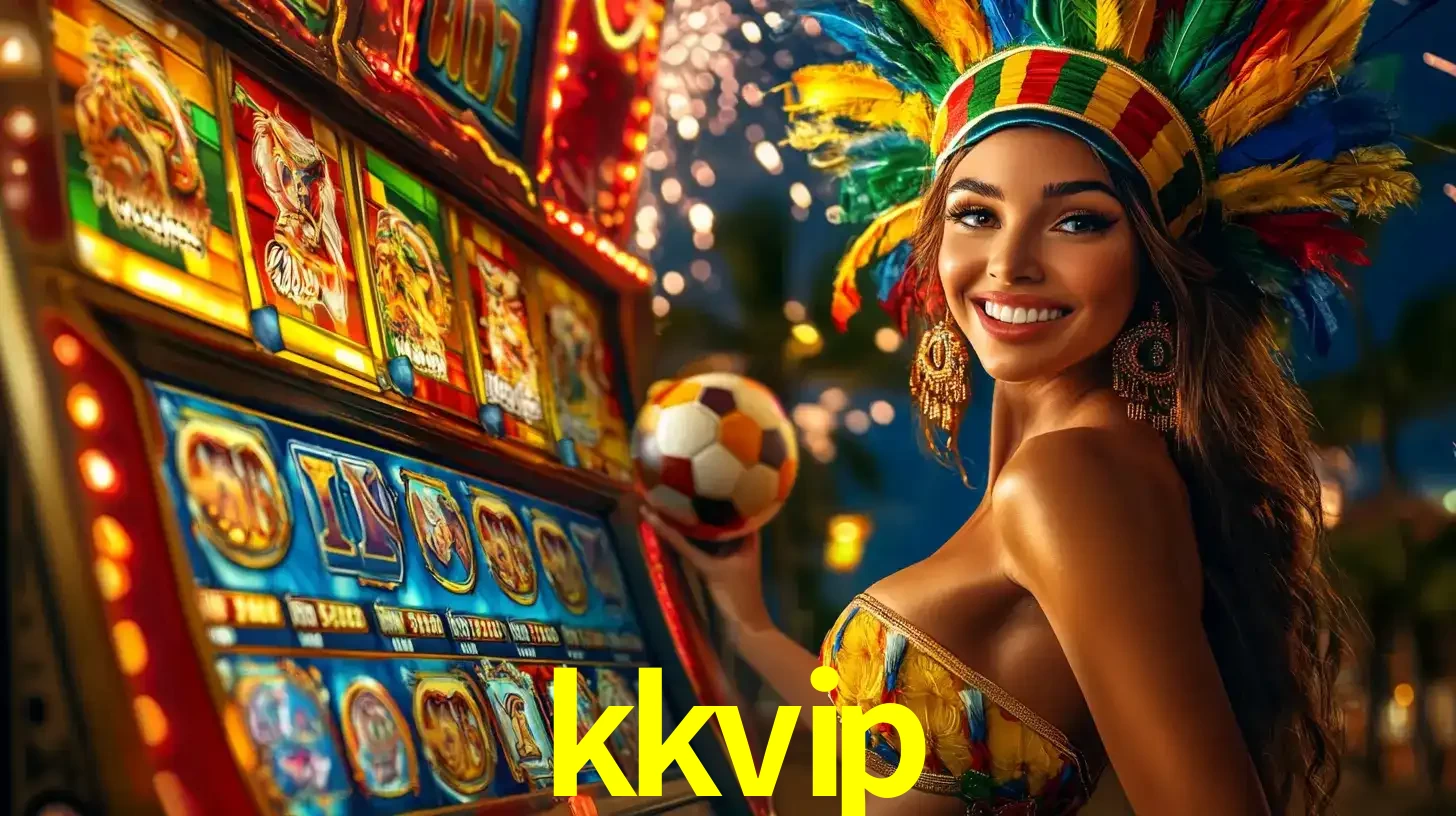 Mulher com um cocar de carnaval ao lado de uma máquina de caça-níqueis enquanto segura uma bola de futebol, mostrando a união da diversão de cassino e esportes no kkvip.