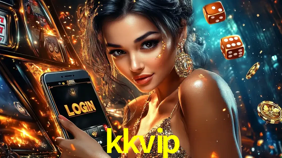 Mulher glamourosa segurando um celular com a tela de login do cassino kkvip, rodeada por dados e moedas douradas, pronta para começar a diversão.