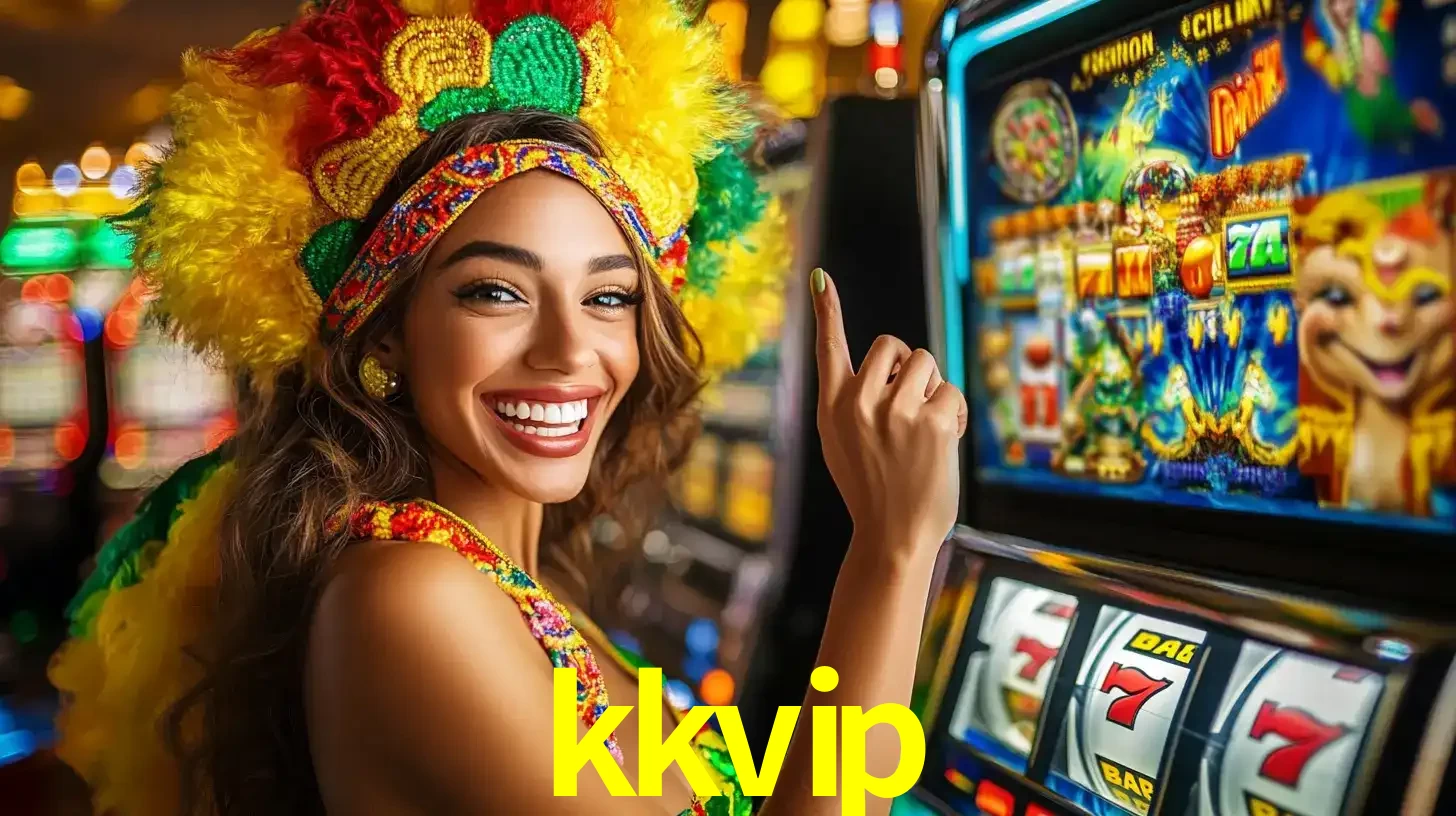 Mulher animada com um cocar de carnaval apontando para uma máquina de caça-níqueis, mostrando a emoção de ganhar um grande prêmio nos jogos do kkvip.
