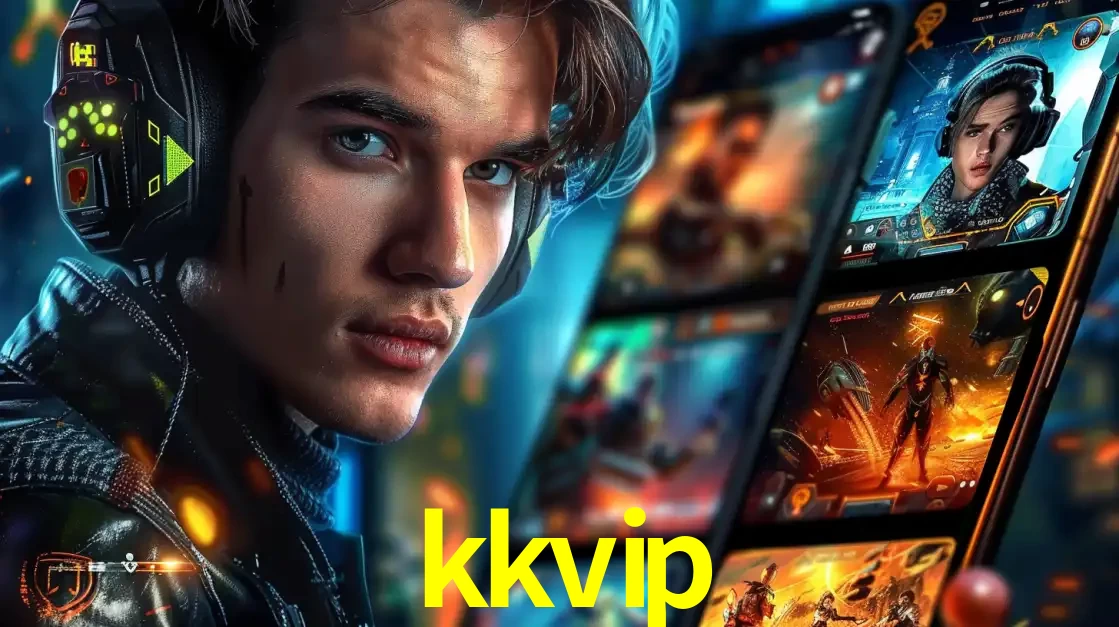 Jovem jogador com fones de ouvido olhando para a câmera, com um aplicativo de jogos e e-sports para celular ao fundo, pronto para a competição e apostas no kkvip.