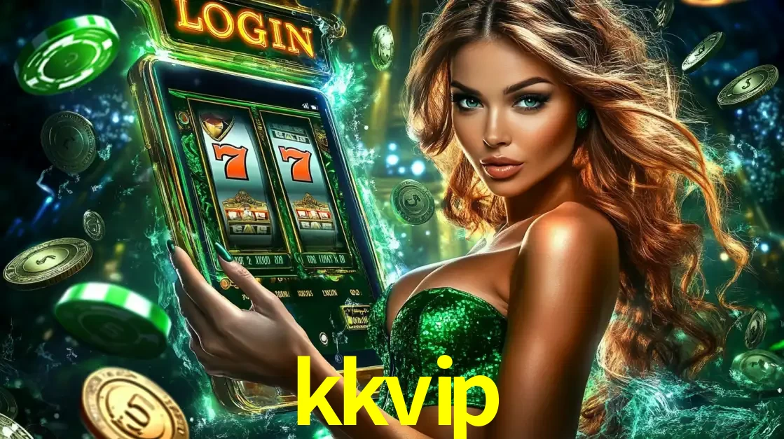 Mulher com tema verde apresentando o aplicativo do cassino kkvip com um jogo de slot de 777, cercada por fichas de cassino e uma aura de sorte.