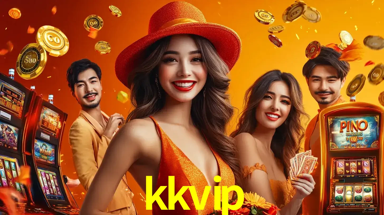 Grupo de amigos asiáticos sorrindo e se divertindo com máquinas de caça-níqueis em um ambiente festivo, celebrando suas vitórias nos jogos de cassino do kkvip.