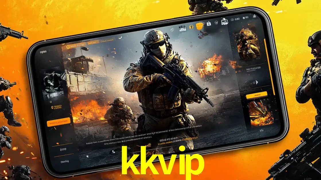 Um smartphone exibindo a interface de um jogo de tiro em primeira pessoa, com um soldado em um cenário de batalha, representando a ação dos e-sports para apostar no kkvip.