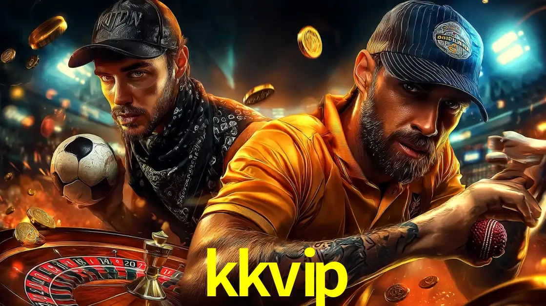 Montagem de apostas esportivas e cassino no kkvip, com um homem segurando uma bola de futebol e outro uma de beisebol sobre uma roleta e moedas voadoras.