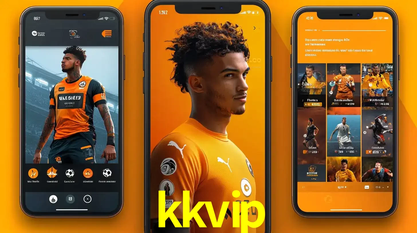 Interface do aplicativo de apostas esportivas kkvip em três telas de celular, mostrando o perfil de um jogador de futebol e a lista de jogos disponíveis para apostar.