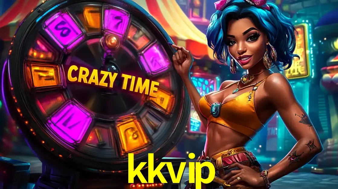 Mulher estilizada com cabelo azul e visual vibrante posando ao lado da roda de prêmios do game show Crazy Time, convidando para a diversão e os bônus do cassino kkvip.