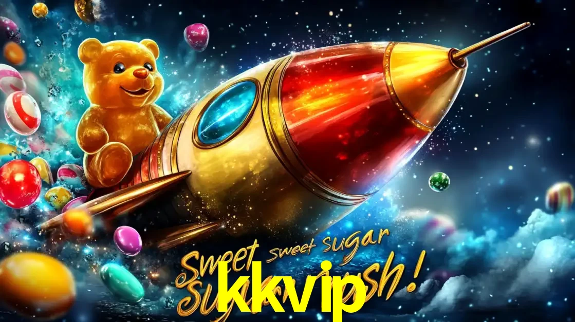 Arte promocional do jogo de slot Sugar Rush, com um urso de pelúcia em um foguete viajando pelo espaço de doces, um dos jogos divertidos disponíveis no cassino kkvip.