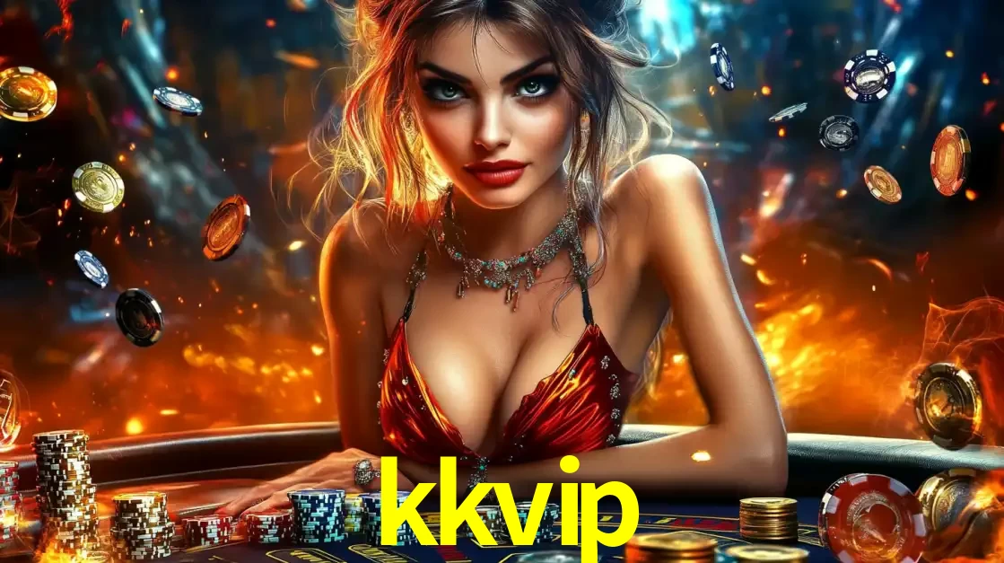 Mulher em uma mesa de cassino com pilhas de fichas e um fundo de fogo, pronta para uma rodada de altas apostas nos jogos de mesa emocionantes do cassino kkvip.