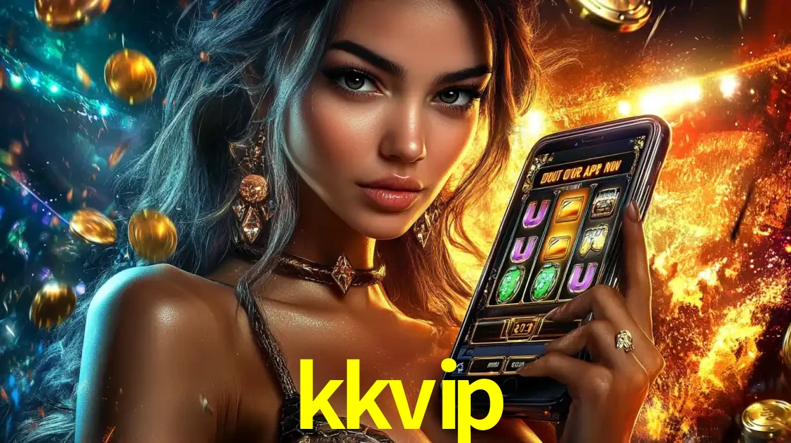 Mulher elegante mostrando um jogo de caça-níqueis em seu smartphone, destacando a experiência de cassino móvel oferecida pelo aplicativo kkvip.