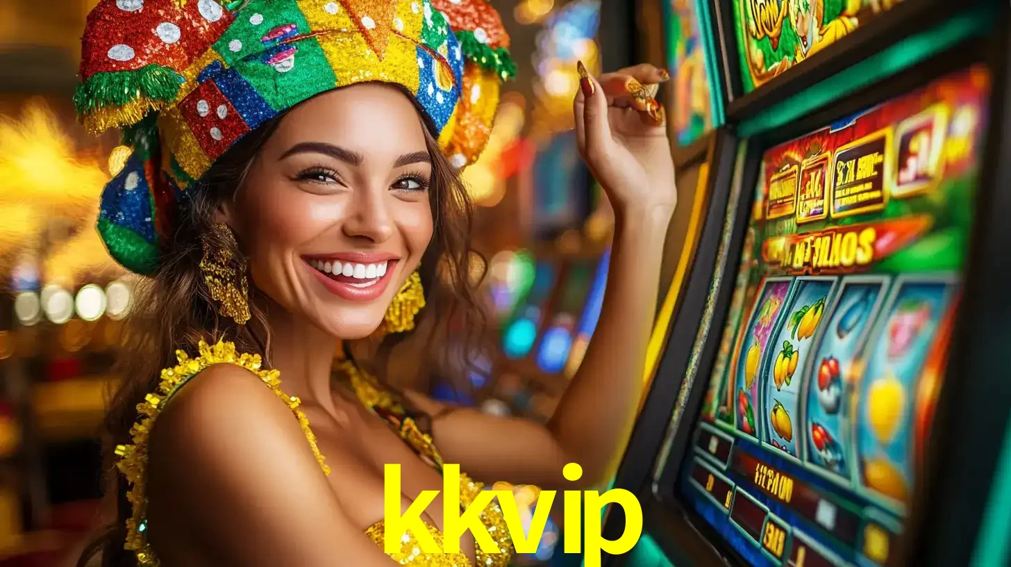 Mulher feliz com traje de carnaval amarelo e colorido ao lado de uma máquina de caça-níqueis, aproveitando a diversão e os jogos temáticos do cassino kkvip.