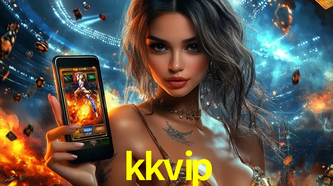 Mulher segurando um celular com um jogo de slot em destaque, tendo como fundo um estádio vibrante, simbolizando a emoção de jogar no cassino móvel kkvip.