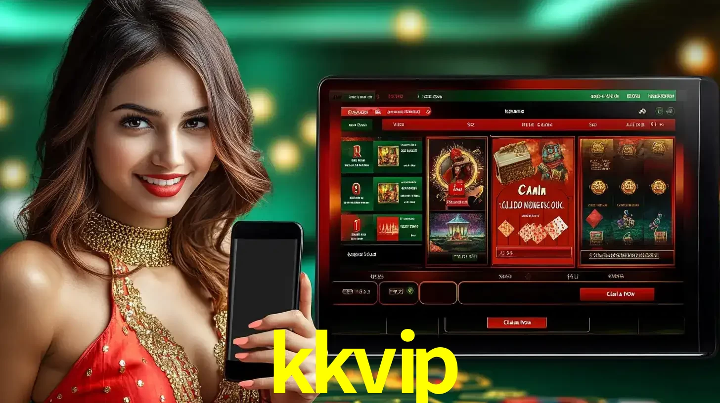 Mulher sorridente segurando um smartphone, ao lado de uma tela exibindo o lobby de jogos do cassino online kkvip, com várias opções de jogos de cartas e slots.